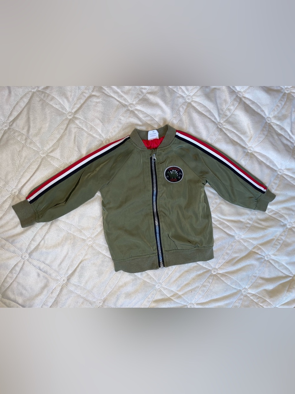 wonder nation Olive Green Zip-Up Jacket with Red and White Sleeve Stripes